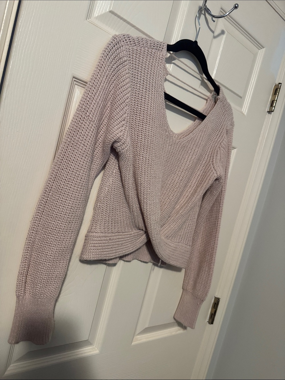 Poof! Twist-Front V-Neck Sweater in Pale Mauve